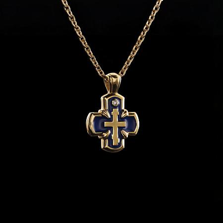 Крест из золота 750 с синей эмалью и бриллиантом Арт.120