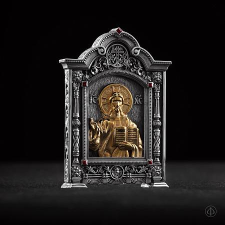 Настольная икона из серебра и золота 585 с сапфирами Арт.006