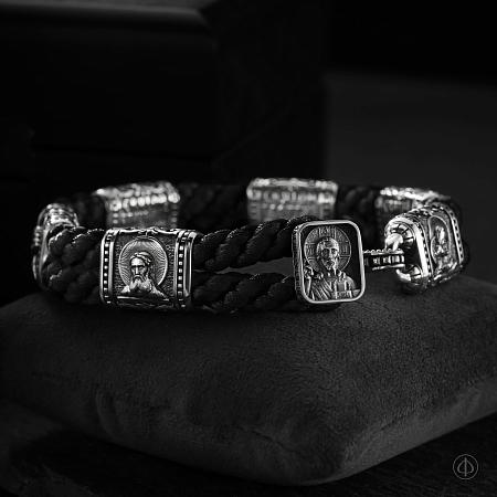 Браслет из серебра с иконами, черный шнур 5 мм Арт.012