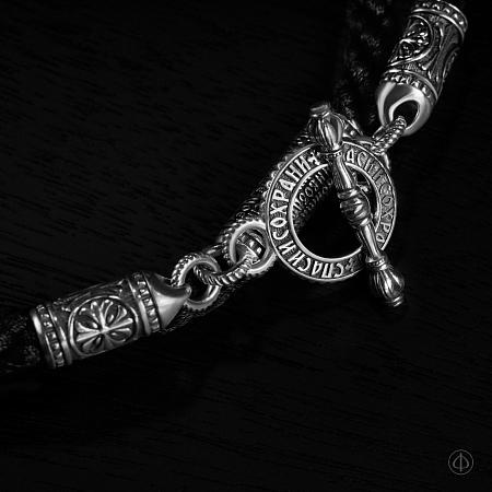 Браслет из серебра на черном шнуре Арт.014