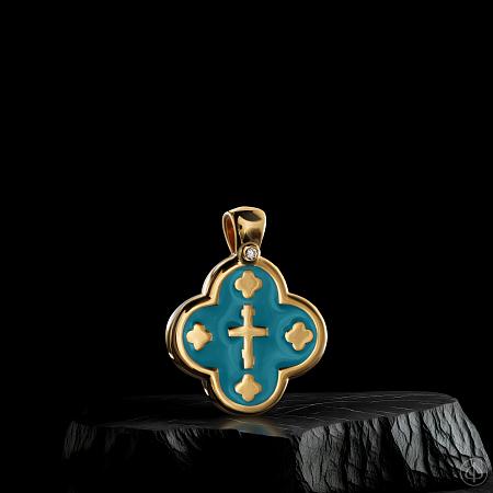 Крест из золота 750 с бирюзовой эмалью и бриллиантом Арт.121