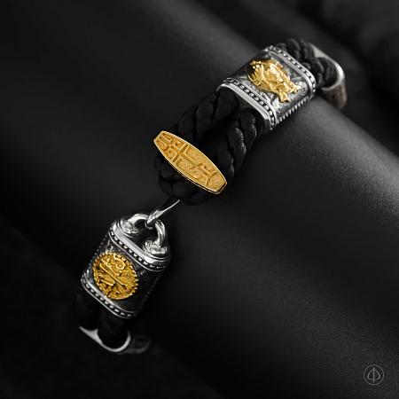 Браслет из серебра и золота 585 на шнуре Арт.015