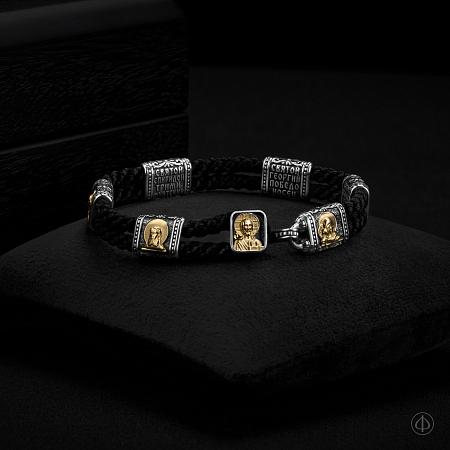 Браслет из серебра и золота 585 с иконами, шнур 3.5 мм Арт.012