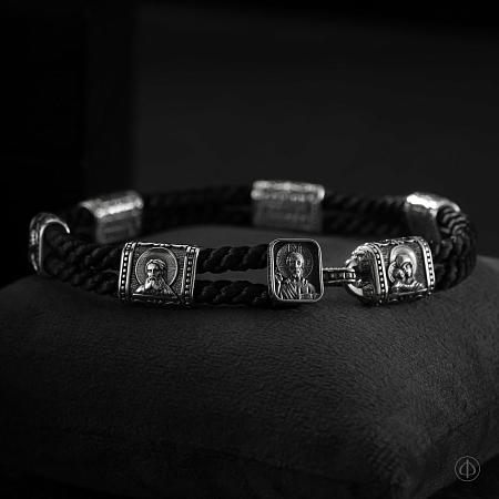 Браслет из серебра с иконами, черный шнур 3.5 мм Арт.012